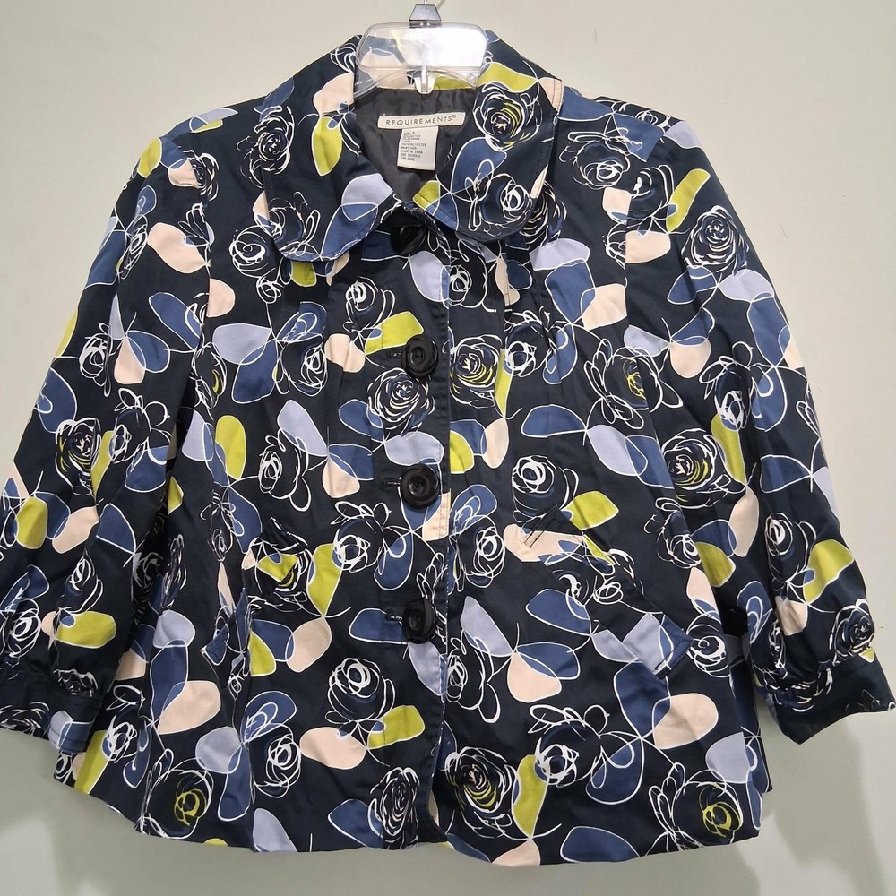 Requirements Womens Large Floral Button Front Jacket Navy Blue Lime Cropped L